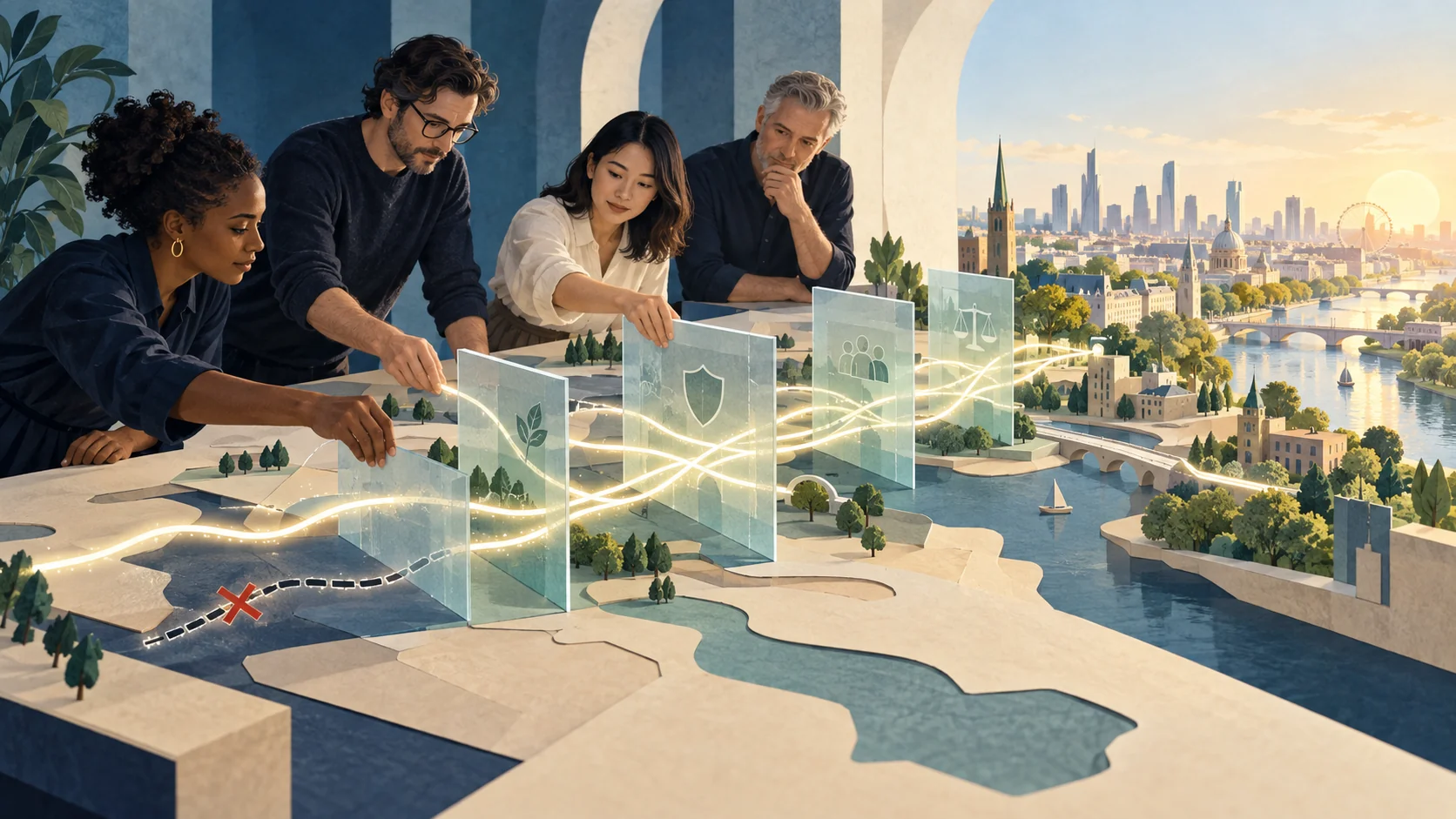 Four people arrange protective panels across a model city, with glowing routes continuing around one interrupted path.