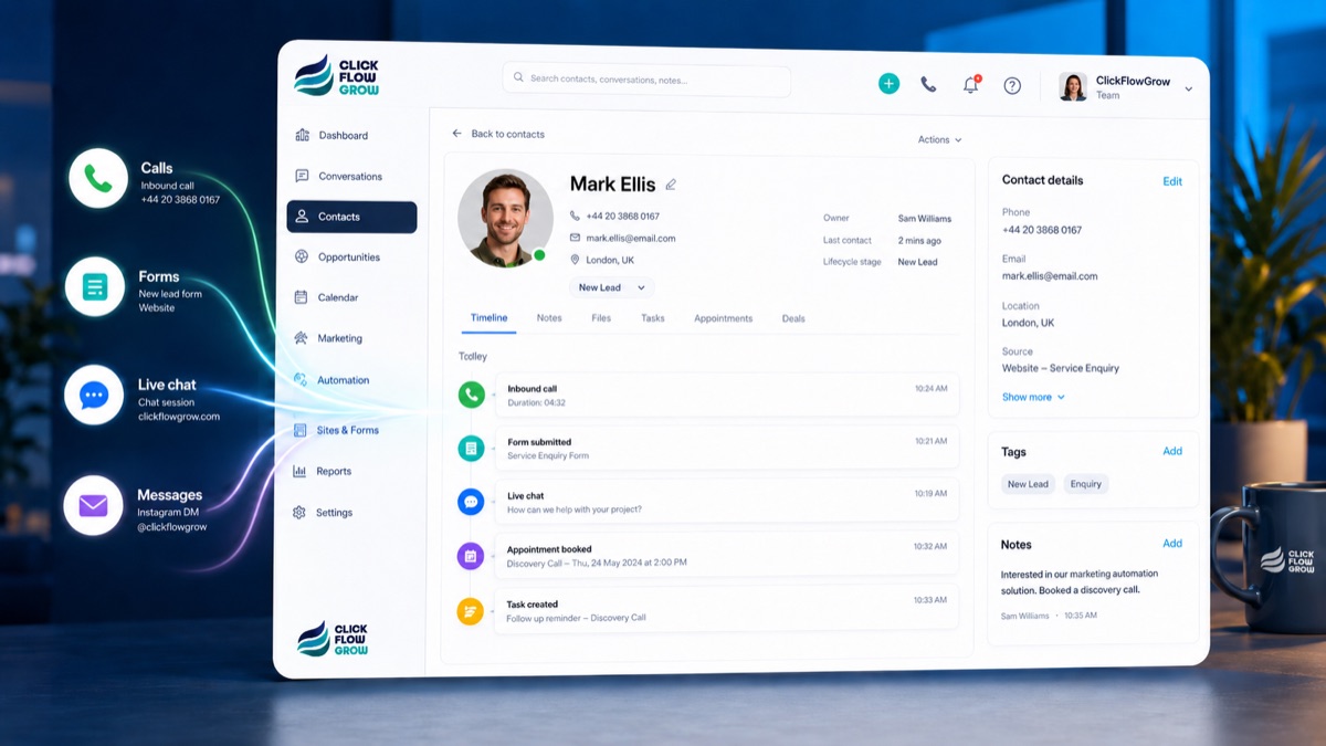 A CRM timeline bringing website enquiries, conversations and follow-up into one customer record