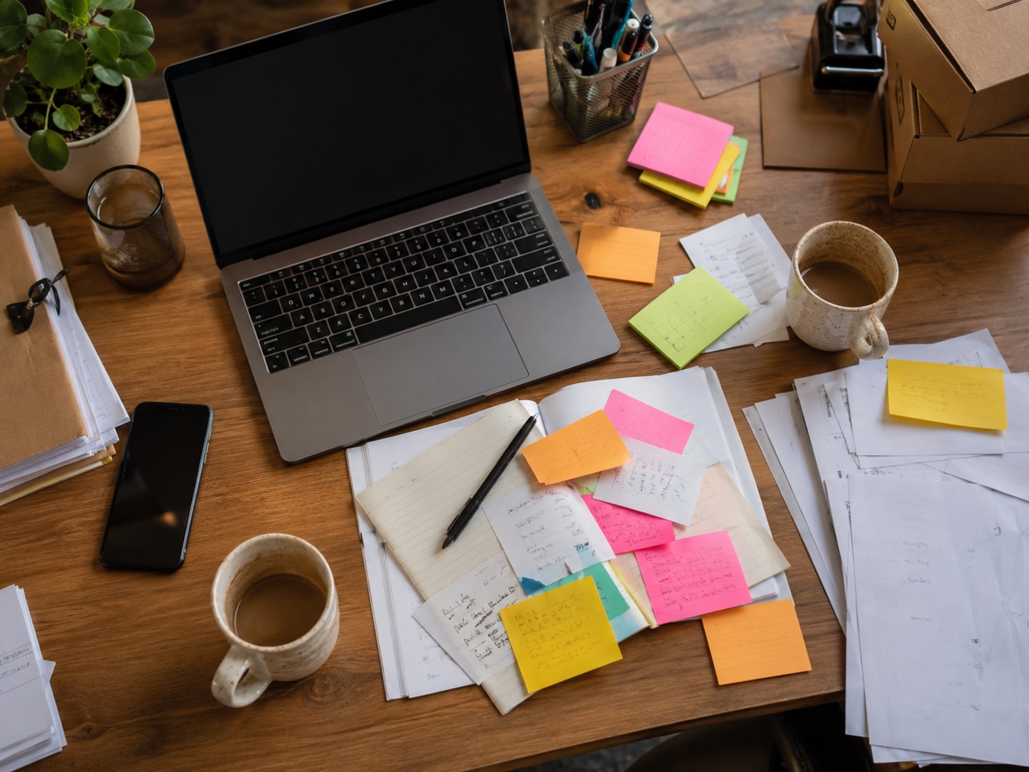 A small-business desk buried in good intentions
