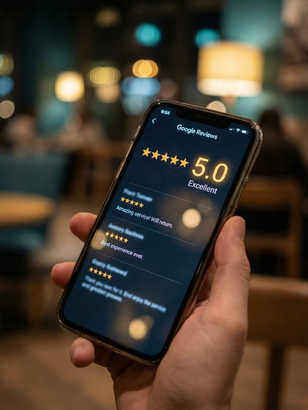 A five-star review on a phone — the payoff customers feel