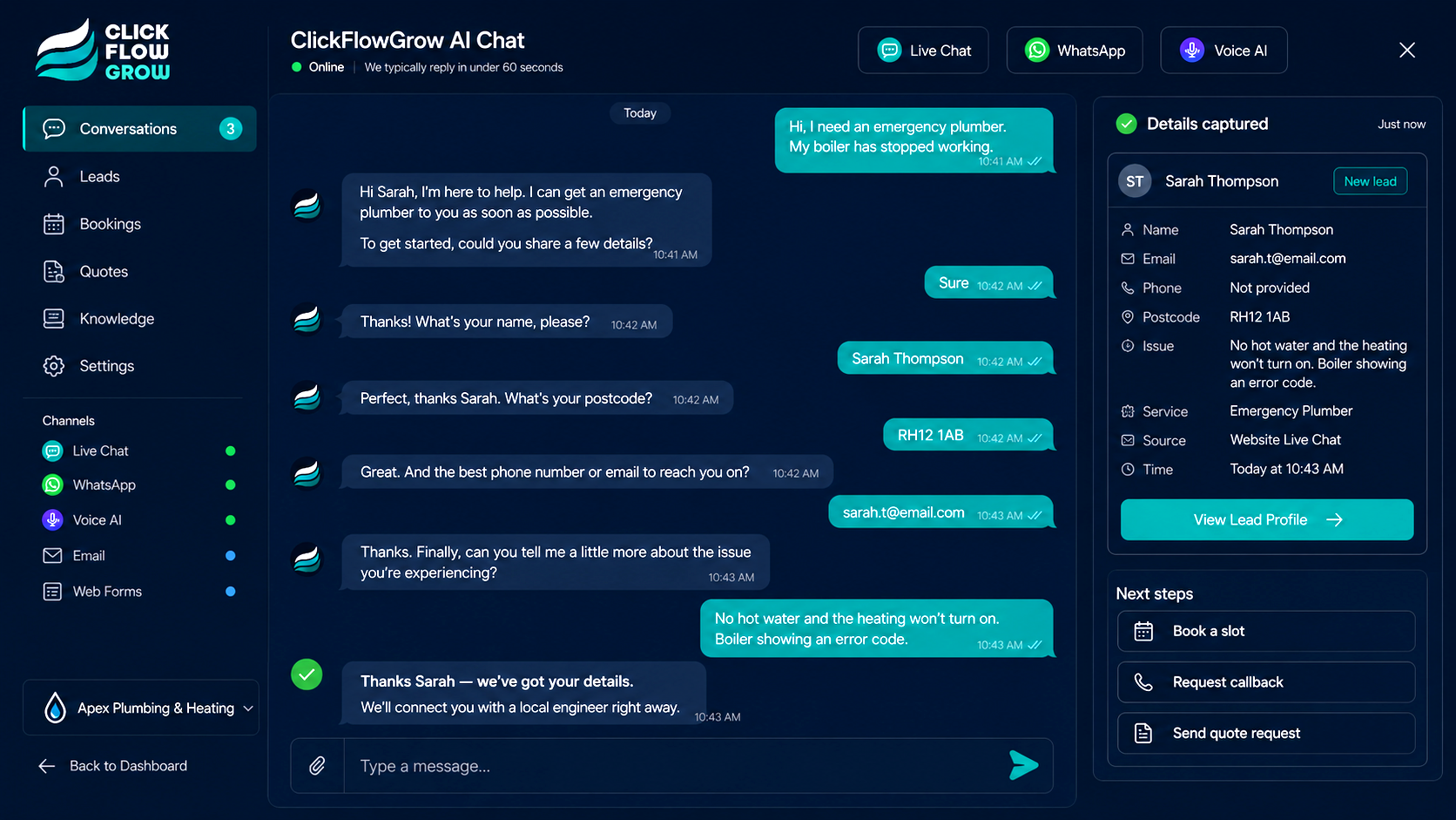 Chatbot capturing customer details